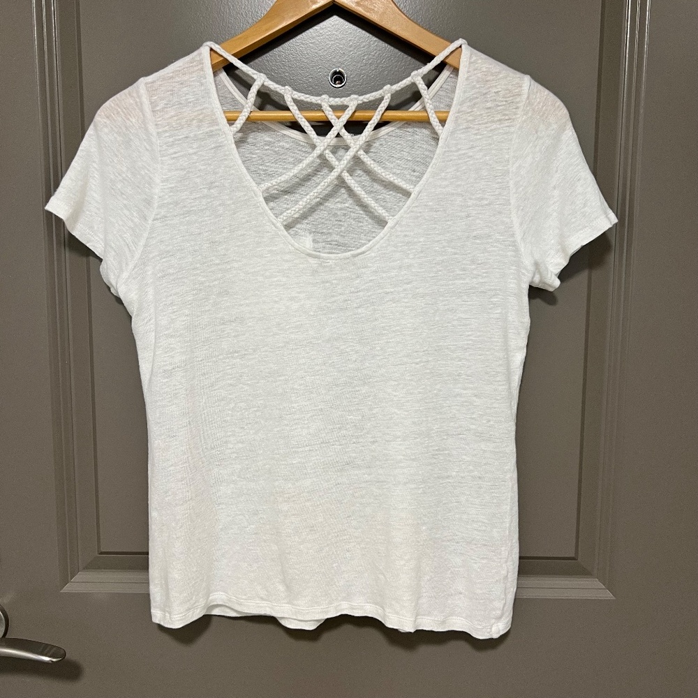 RARE Boden Linen Braided Back Pocket Tee, Size 6, in White